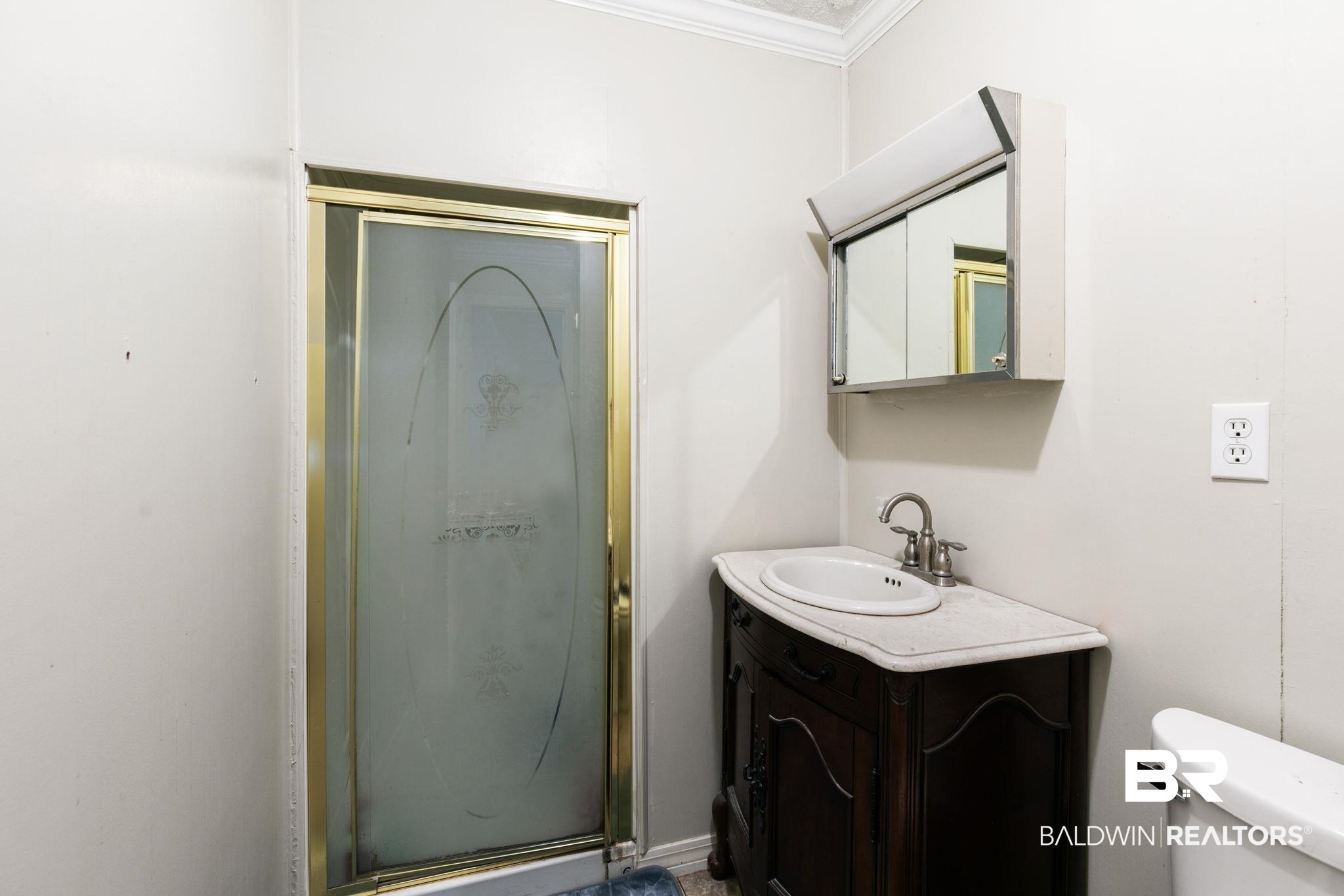 927 Cleveland Road Saraland, AL 36571 - Photo 14 of 80 Bathroom featuring a frosted glass shower enclosure with gold-tone framing, a dark wood-finish vanity with an integrated sink, a light-colored countertop, and a mirrored medicine cabinet with integrated lighting