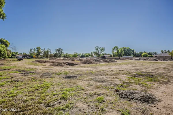 a view of a field with trees in background