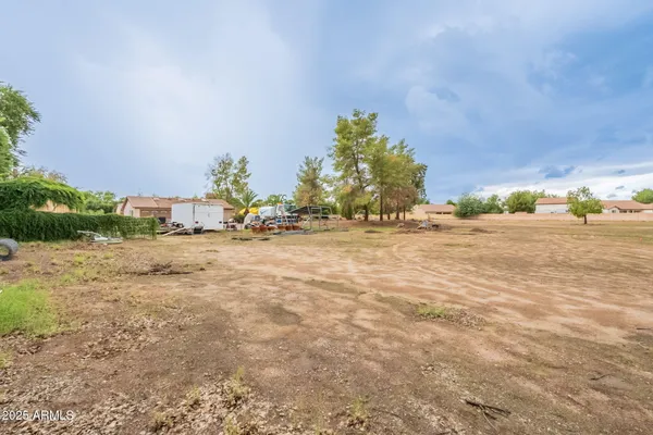 a view of dirt field with trees