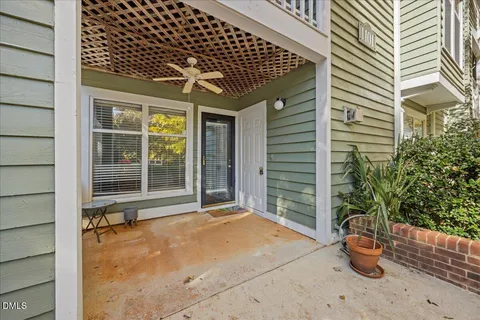a porch with seating space