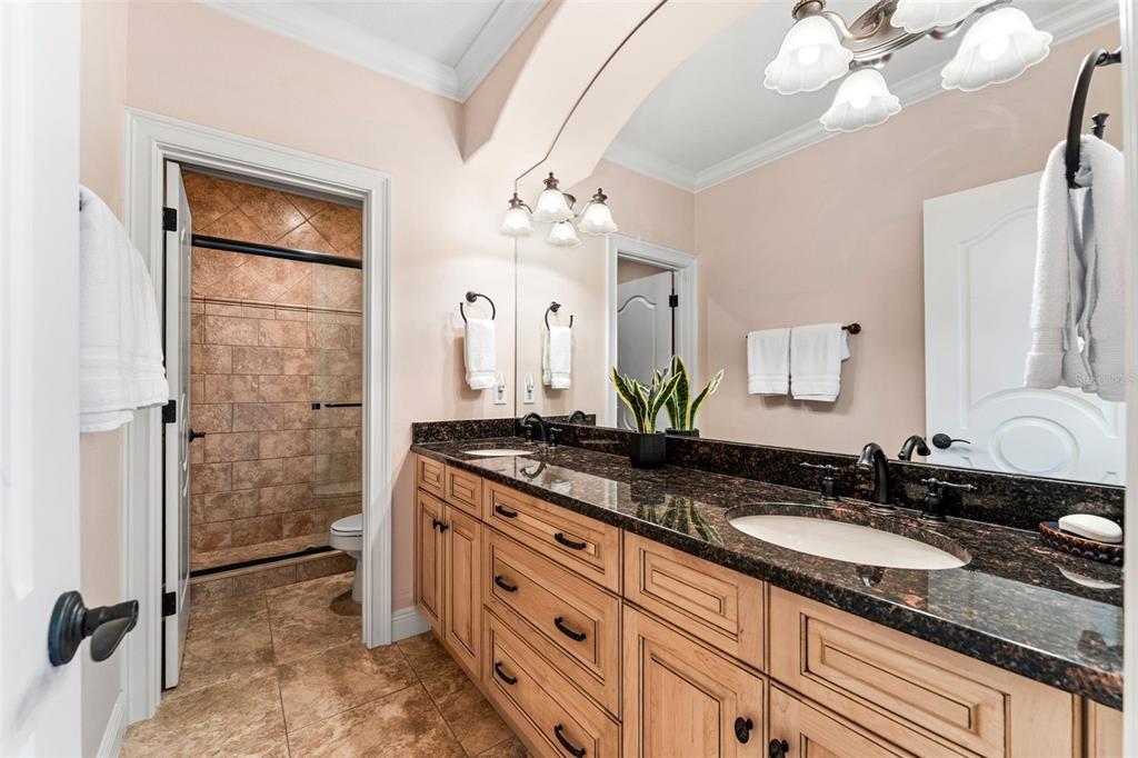 5070 Down Point Lane Windermere, FL 34786 - Photo 47 of 57 a bathroom with a granite countertop sink a mirror a vanity and a shower