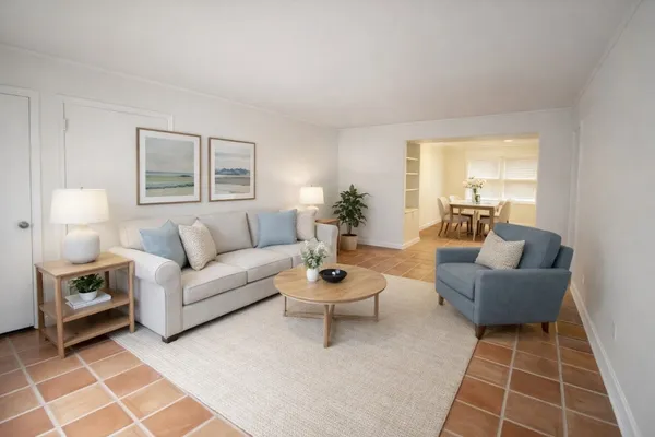 a living room with furniture and a potted plant