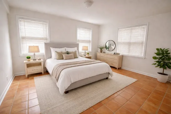 a bedroom with a large bed and windows