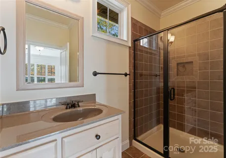 a bathroom with a sink and a shower