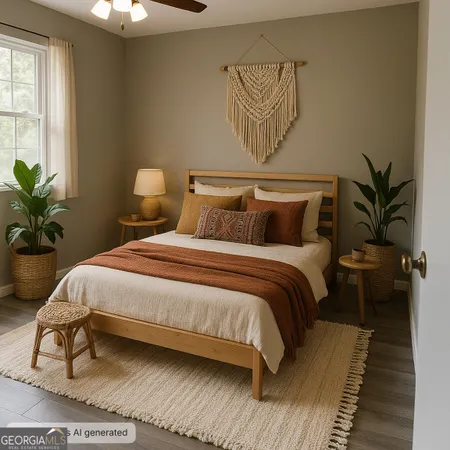 a bedroom with bed and a potted plant