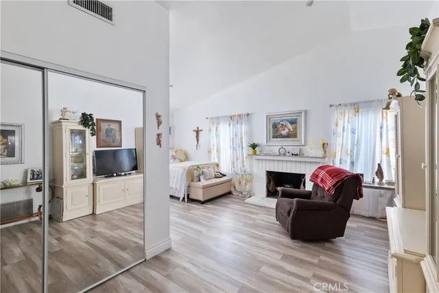 a living room with furniture a fireplace and a potted plant