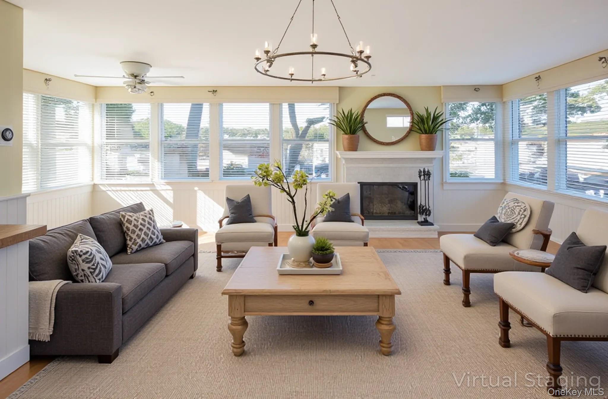 1 Canal Road Hampton Bays, NY 11946 - Photo 13 of 50 Virtually Staged Living area featuring a glass covered fireplace, a chandelier, wood finished floors, a wainscoted wall, and ceiling fan