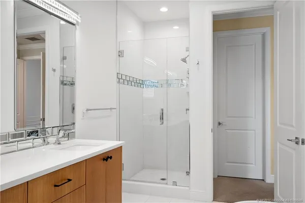 a bathroom with a shower sink vanity and mirror