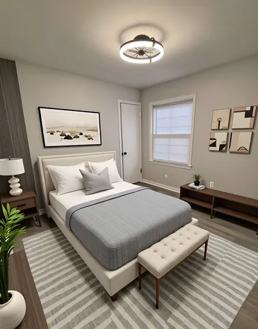 a bedroom with a bed and a painting on the wall