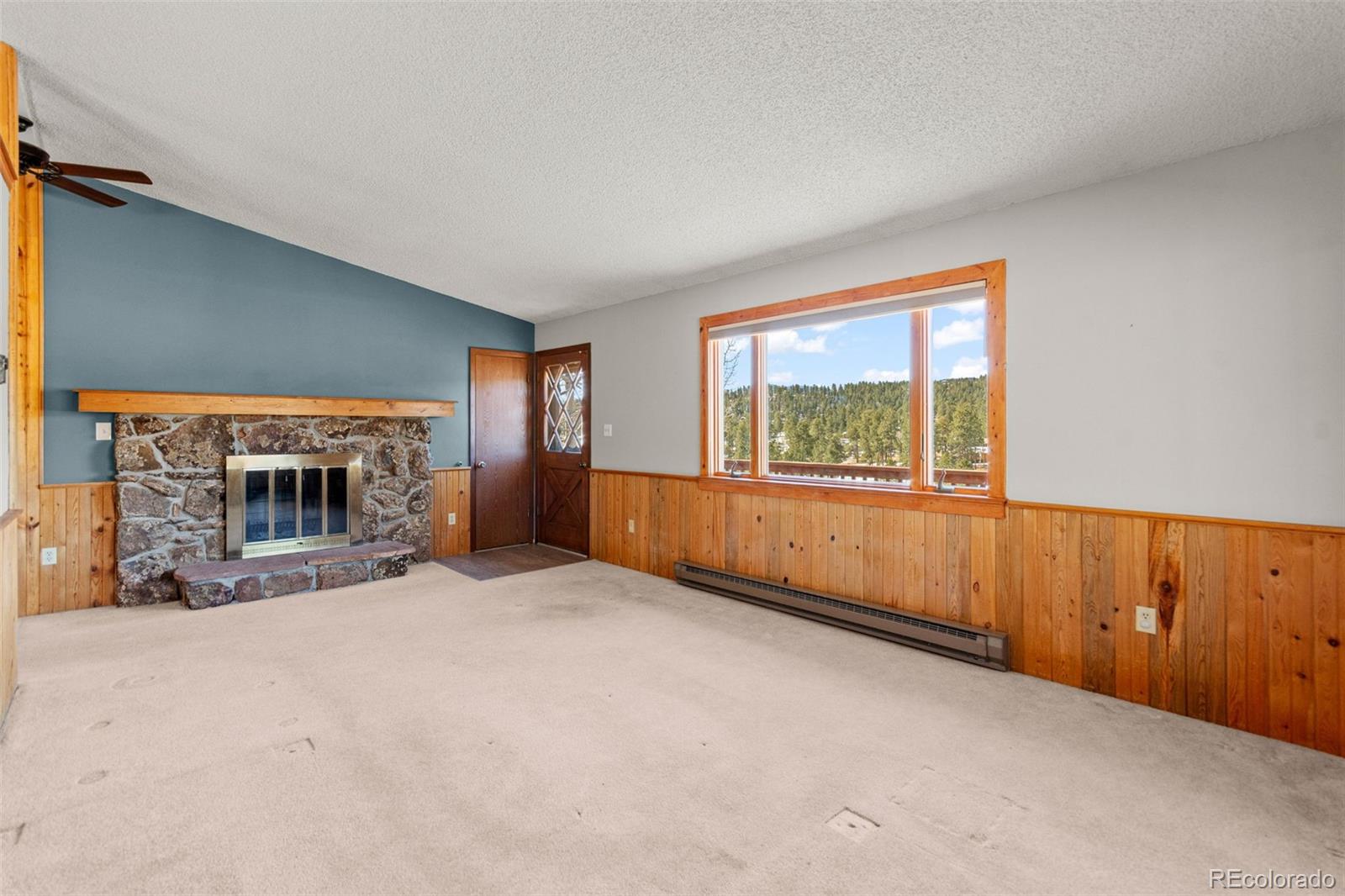 237 Homestead Road Bailey, CO 80421 - Photo 12 of 43 an empty room with fireplace and windows