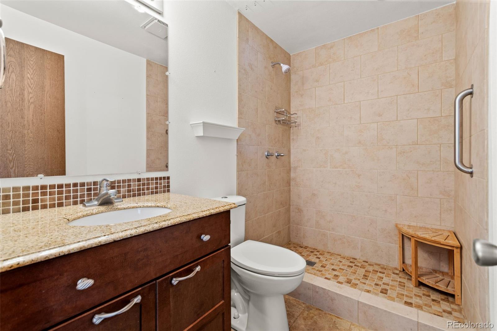 237 Homestead Road Bailey, CO 80421 - Photo 32 of 43 a bathroom with a granite countertop sink toilet and shower