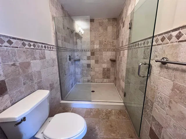 a bathroom with a shower and toilet