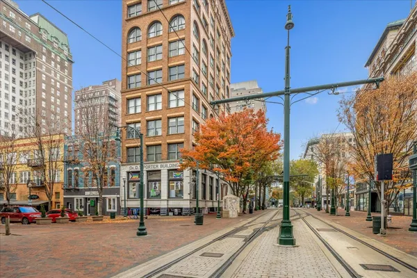 a view of a building and a street