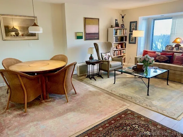 a living room with furniture rug and window