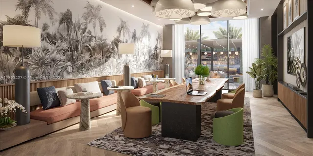 a dining room with furniture a chandelier and wooden floor