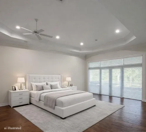 a bedroom with a large bed and a large window