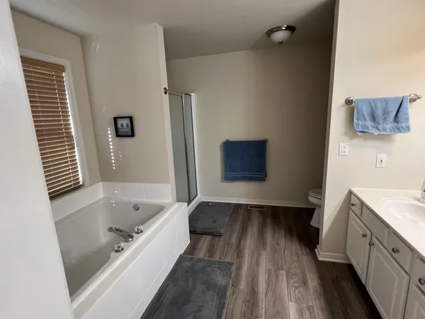 a bathroom with a tub and sink