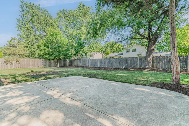 a view of a house with backyard and tree