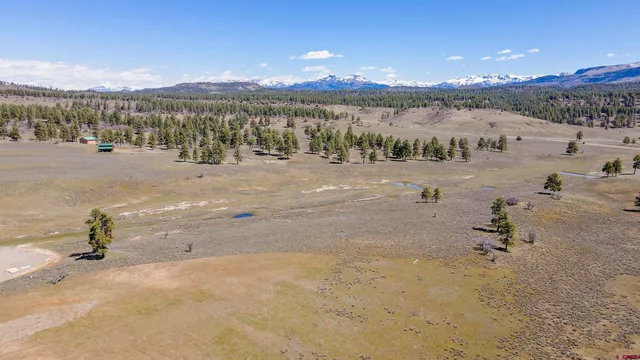 a view of a town with mountains in the background