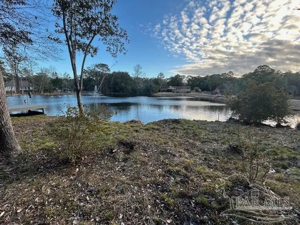 a view of a lake in between two large trees