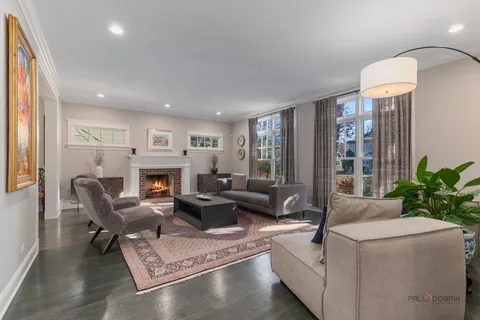 a living room with furniture a fireplace and a potted plant