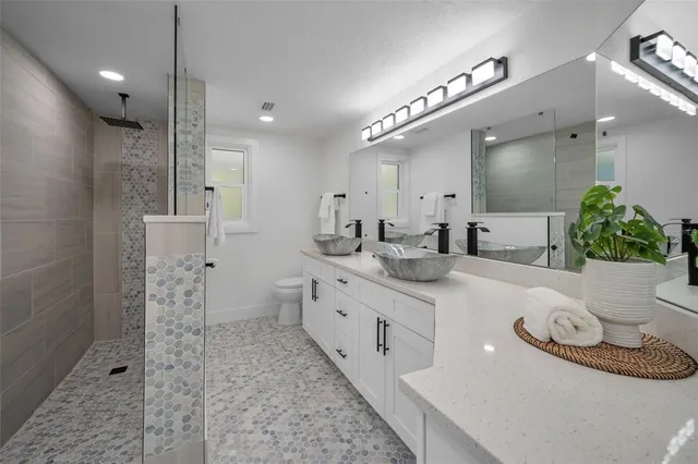 a bathroom with a double vanity sink toilet and shower