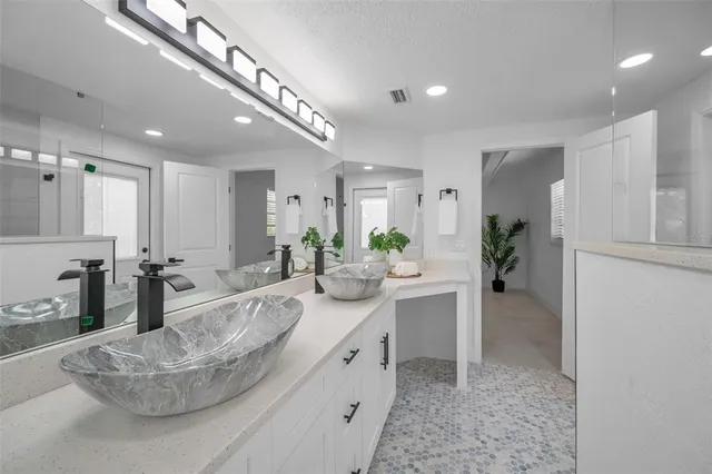 a garden view with a seating space