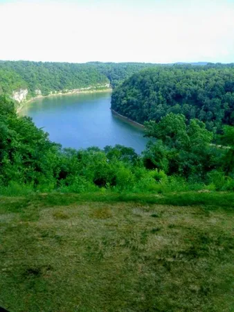 a view of a green field with a lake