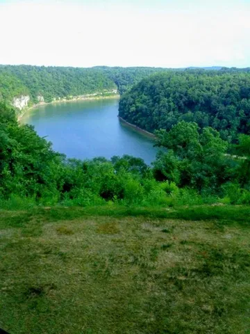 a view of a green field with a lake