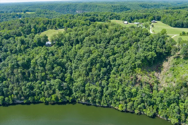 an aerial view of residential house with outdoor space and trees all around