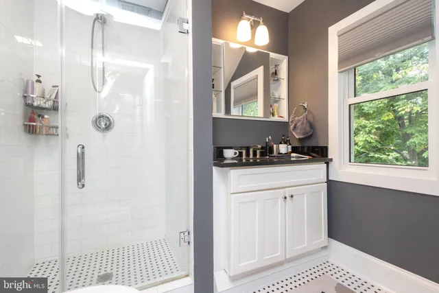 a bathroom with a shower and a sink