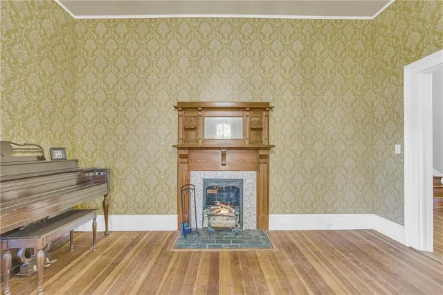 a living room with a fireplace