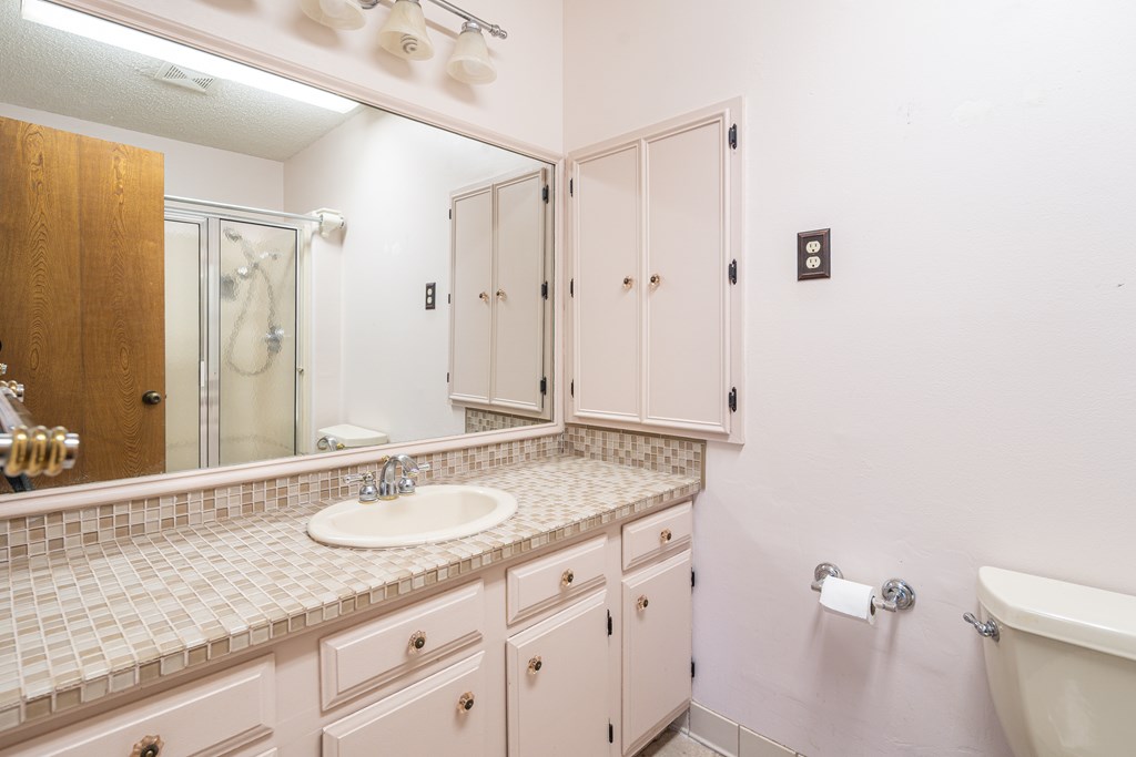 110 Sierra Road Kerrville, TX 78028 - Photo 11 of 31 a bathroom with a granite countertop sink a mirror and a shower