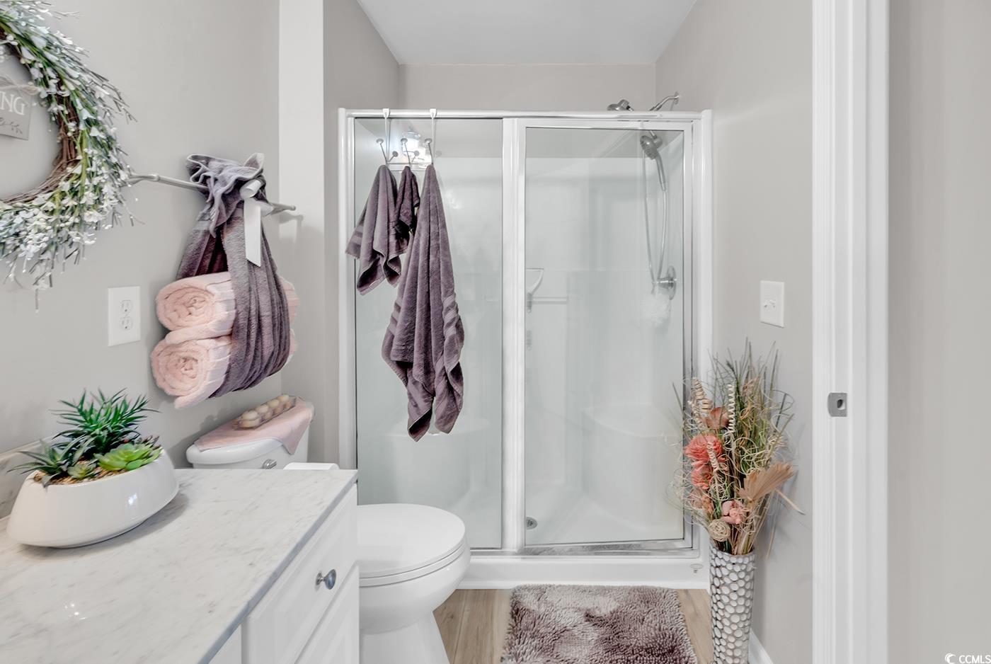 117 Butkus Drive, Unit 2 Myrtle Beach, SC 29588 - Photo 22 of 39 Full bathroom with a shower stall, vanity, and light wood-style floors