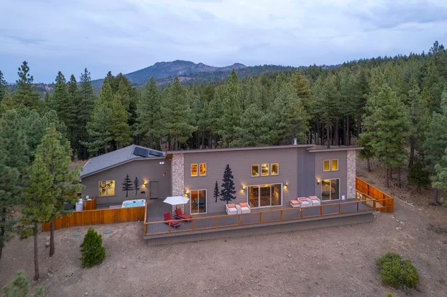 a view of a house with a yard and a large tree