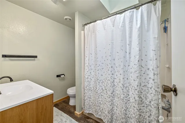 a bathroom with a sink a toilet and shower curtain