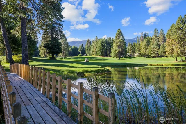 a view of a lake with a garden