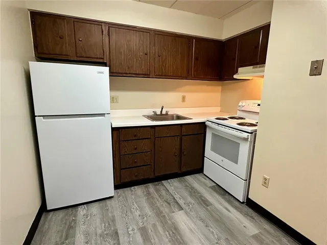 a kitchen with a sink a stove a refrigerator and cabinets