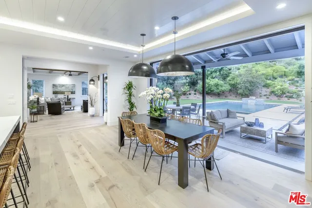 a view of a dining room with furniture window and outside view
