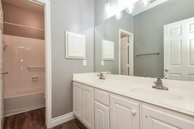 a bathroom with a sink and a mirror