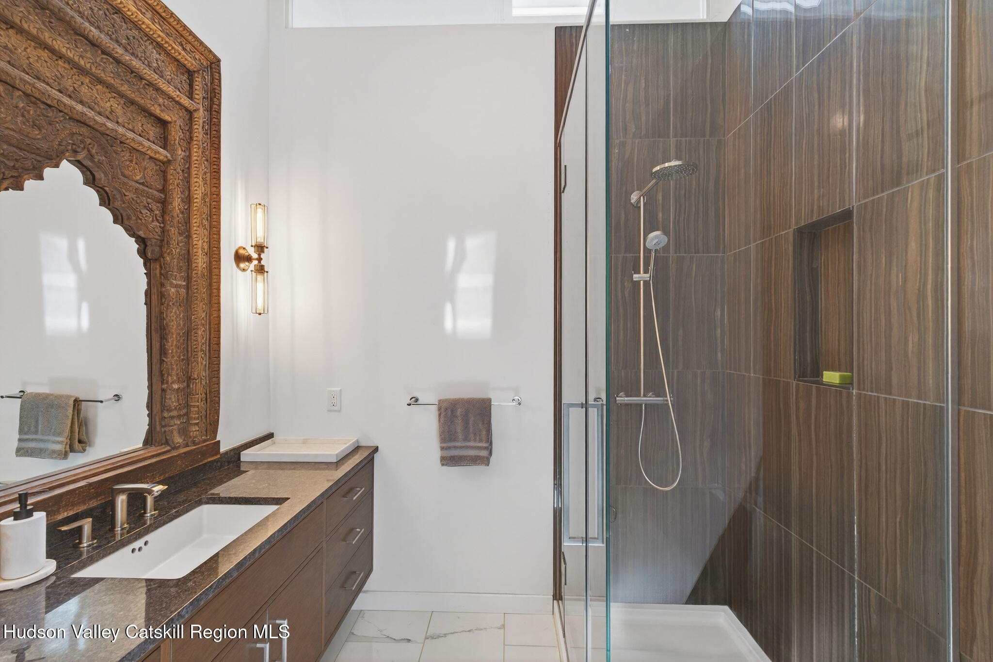 69 Irondale Road Phoenicia, NY 12464 - Photo 20 of 30 a bathroom with a double vanity sink and mirror