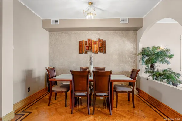 a view of a dining room with furniture