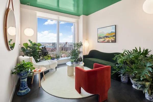 a living room with furniture and a potted plant