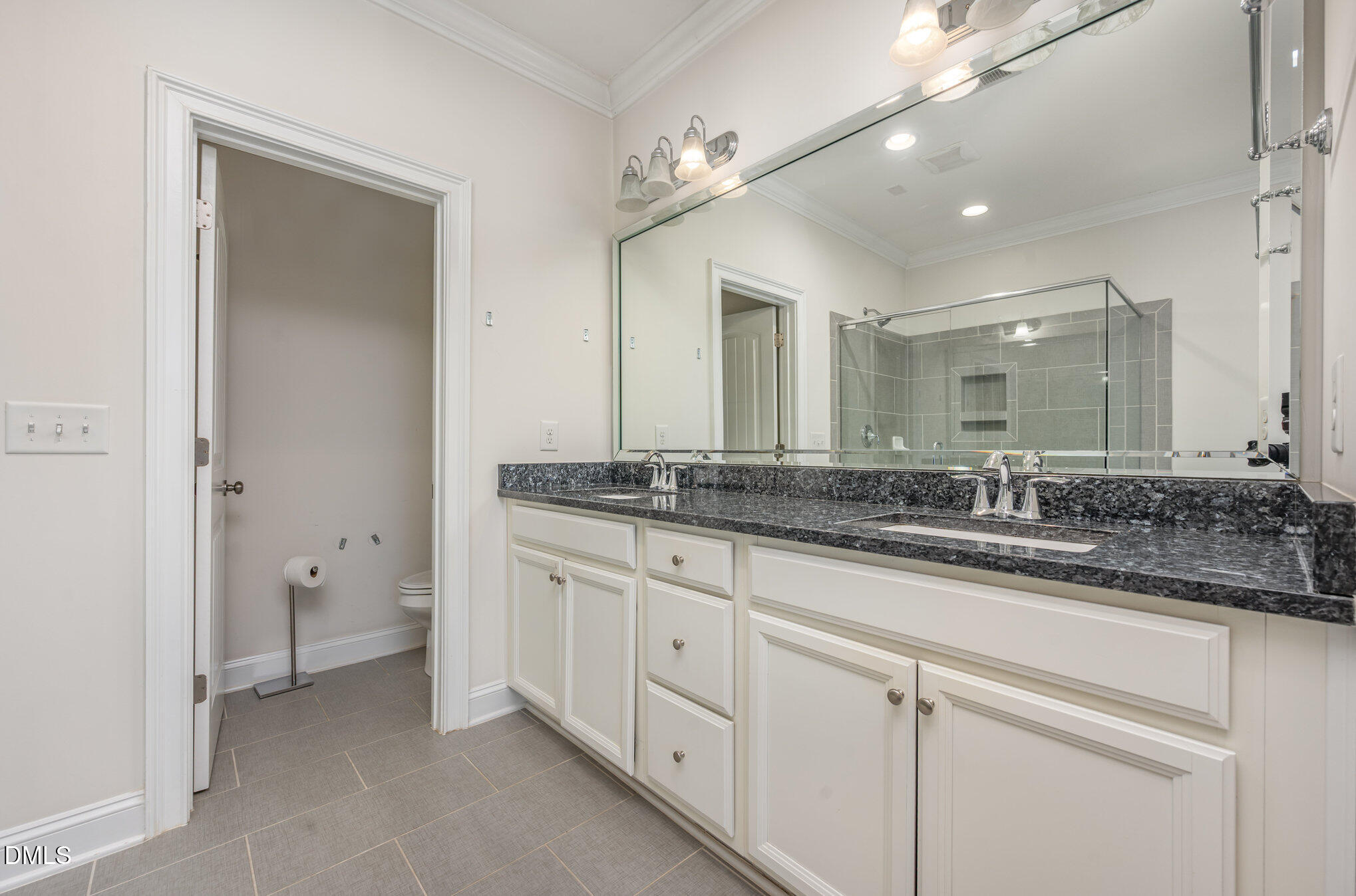 708 Fallon Grove Way Raleigh, NC 27608 - Photo 15 of 27 a bathroom with a granite countertop sink two mirror and a toilet