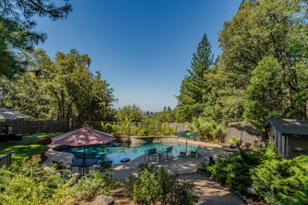 a view of a backyard with plants and outdoor seating