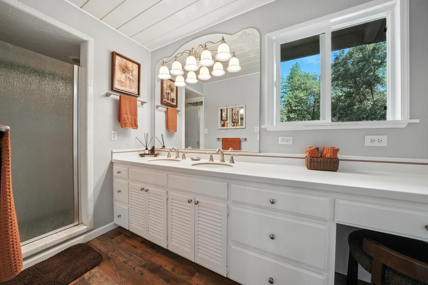 19630 Charleston Road Volcano, CA 95689 - Photo 43 of 70 a bathroom with a sink a large mirror and a window