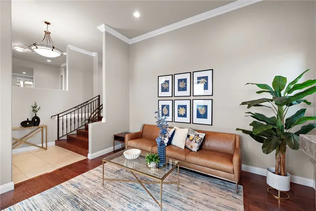 a living room with furniture and a potted plant