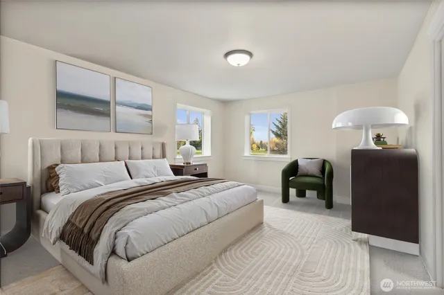 a bedroom with a bed and dresser with mirror