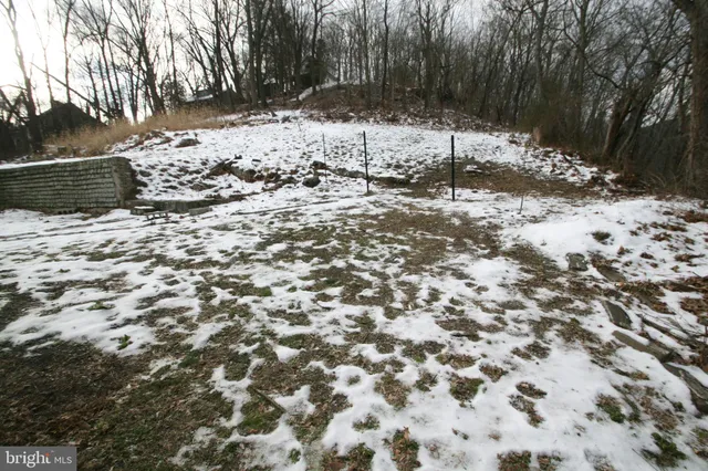 a view of a yard covered in snow