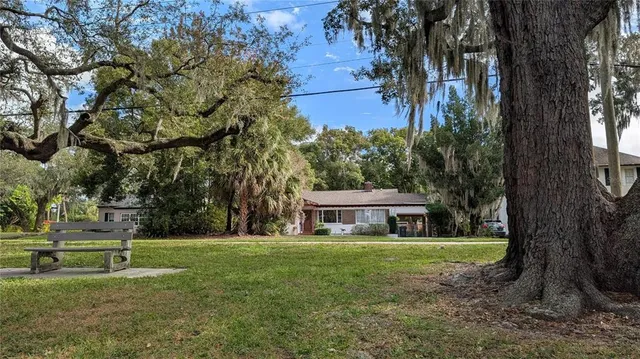 a house view with a trees